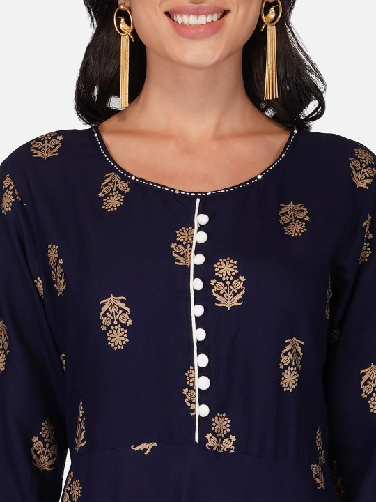 Navy Blue Ethnic Motif Printed Anarkali Kurta | Flared A-Line Kurti with 3/4 Sleeves for Women - Image 5
