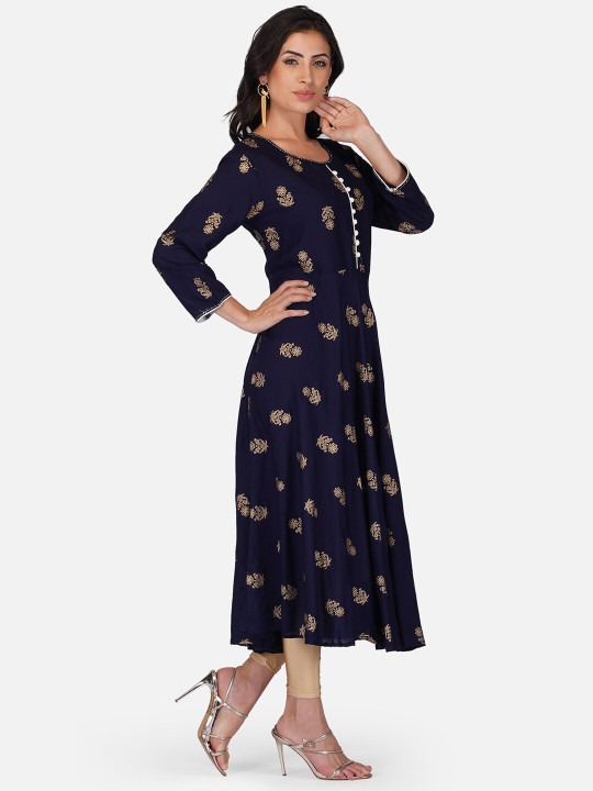 Navy Blue Ethnic Motif Printed Anarkali Kurta | Flared A-Line Kurti with 3/4 Sleeves for Women - Image 4