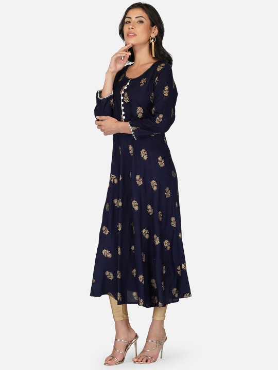 Navy Blue Ethnic Motif Printed Anarkali Kurta | Flared A-Line Kurti with 3/4 Sleeves for Women - Image 3