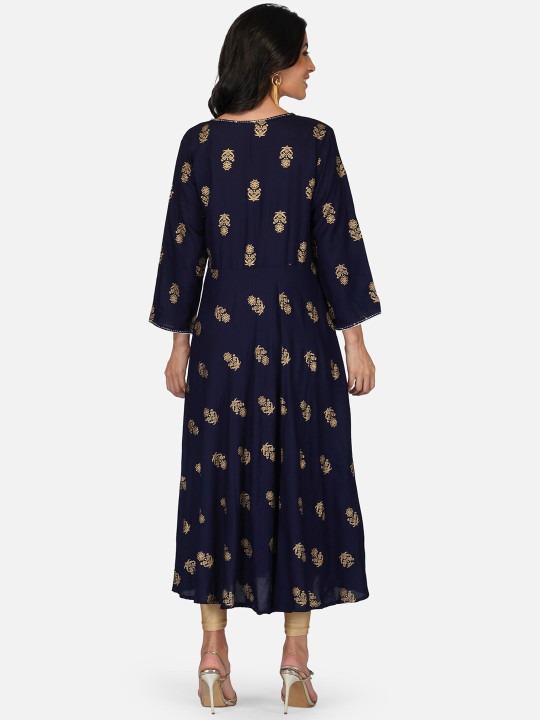 Navy Blue Ethnic Motif Printed Anarkali Kurta | Flared A-Line Kurti with 3/4 Sleeves for Women - Image 2