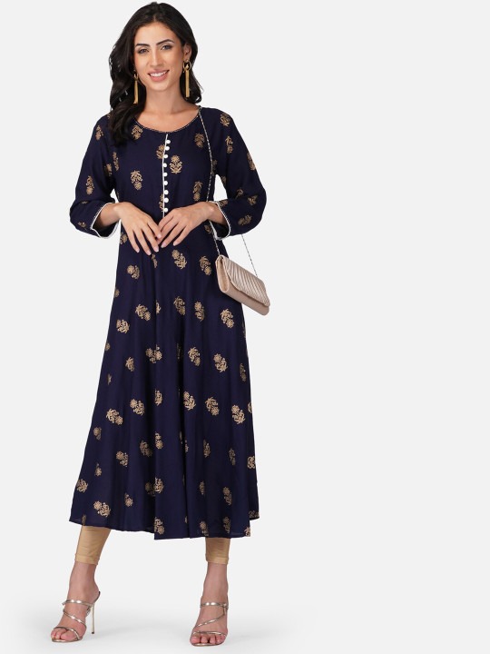 Navy Blue Ethnic Motif Printed Anarkali Kurta | Flared A-Line Kurti with 3/4 Sleeves for Women - Image 6