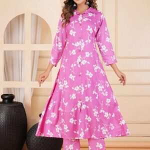 Pink Floral Printed Co-Ord Set | Ethnic 2-Piece Shirt Collar A-Line Kurta with Straight Pants for Women