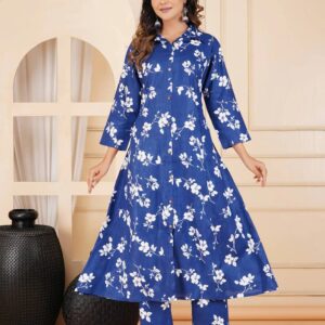 Blue Floral Printed Co-Ord Set | Ethnic 2-Piece Shirt Collar A-Line Kurta with Straight Pants for Women