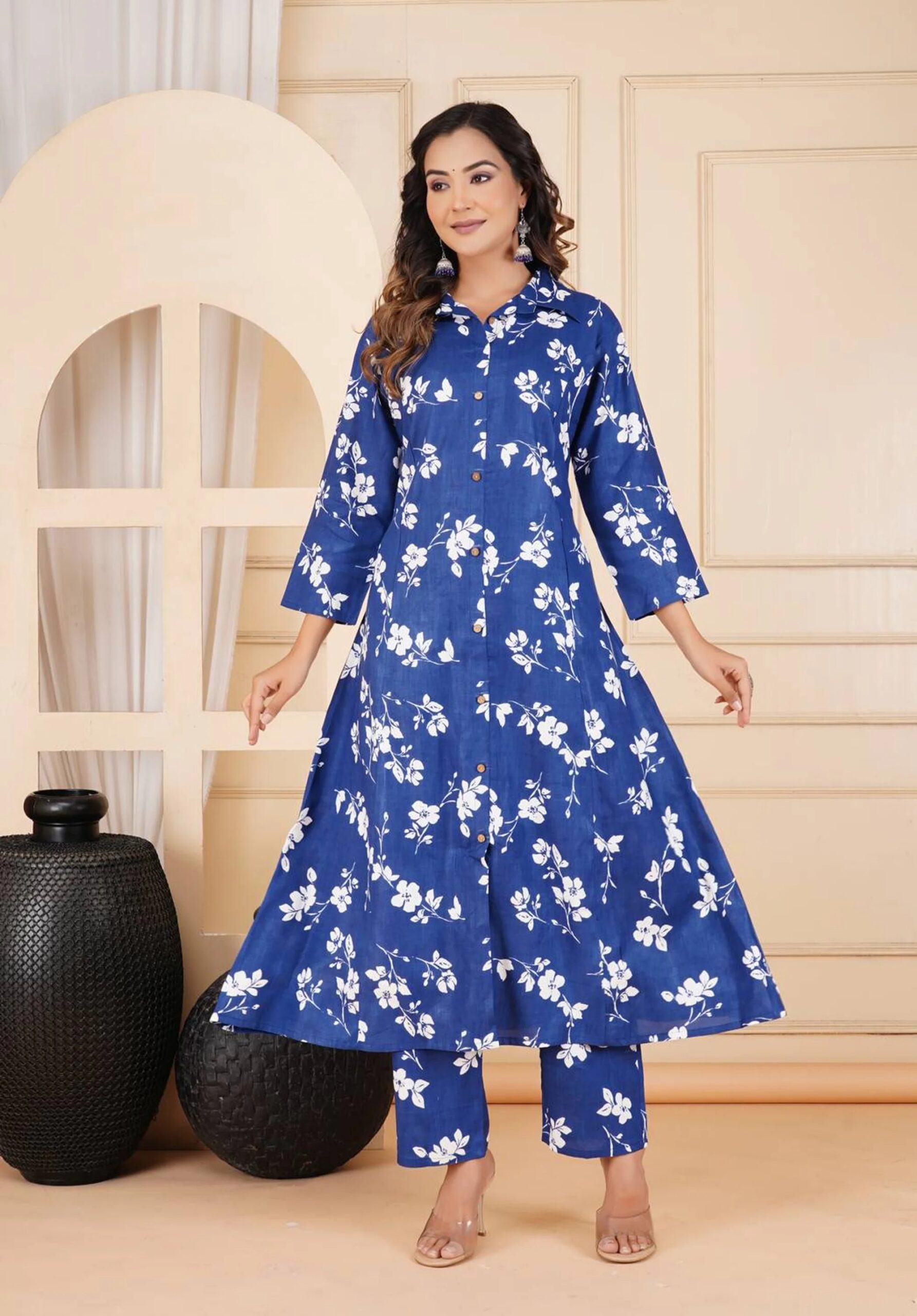 Blue Floral Printed Co-Ord Set | Ethnic 2-Piece Shirt Collar A-Line Kurta with Straight Pants for Women