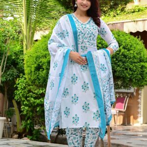 Blue Floral Printed Kurta Pant Dupatta Set | Ethnic 3-Piece Suit Set for Women