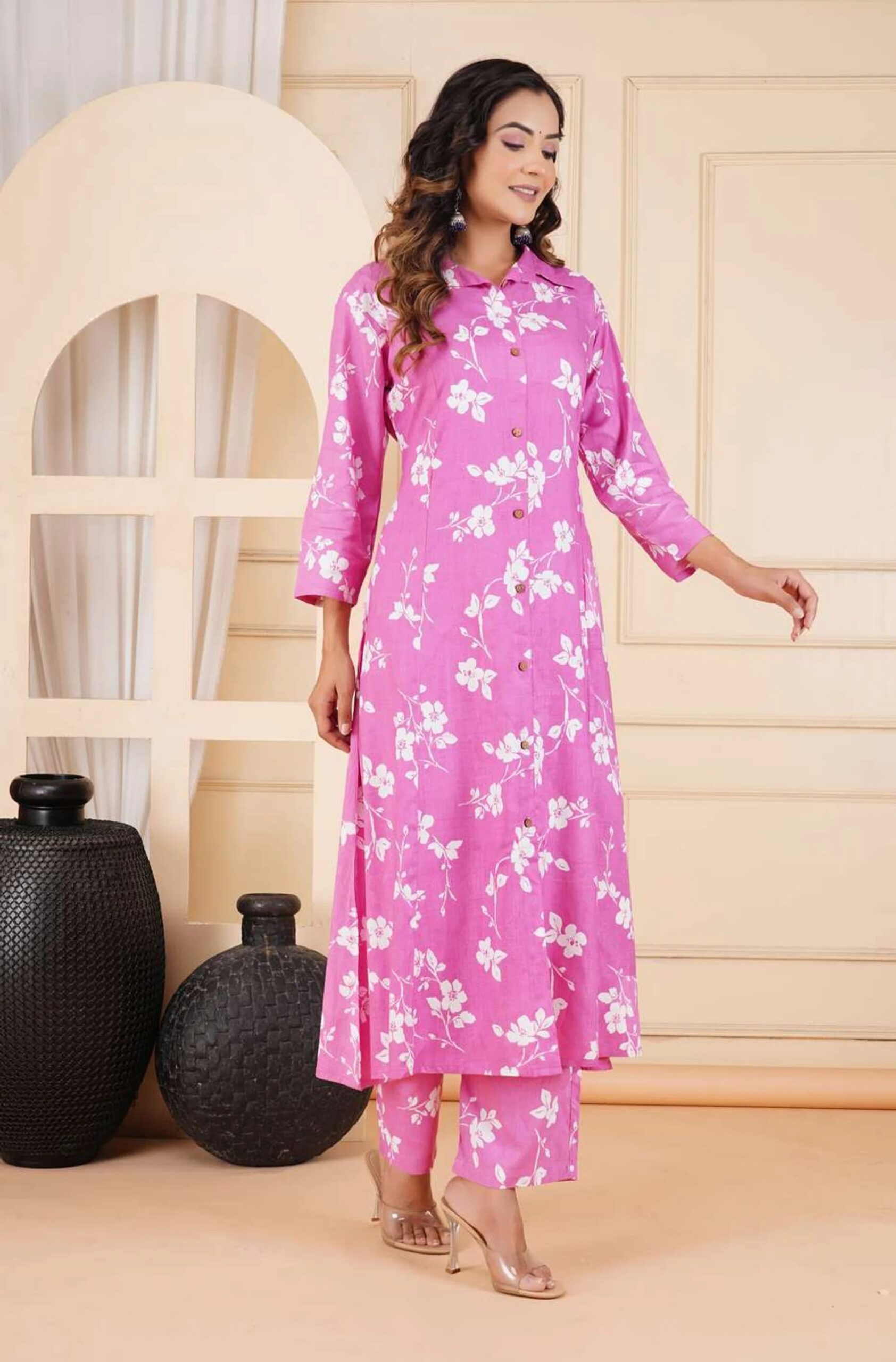 Pink Floral Printed Co-Ord Set | Ethnic 2-Piece Shirt Collar A-Line Kurta with Straight Pants for Women - Image 2