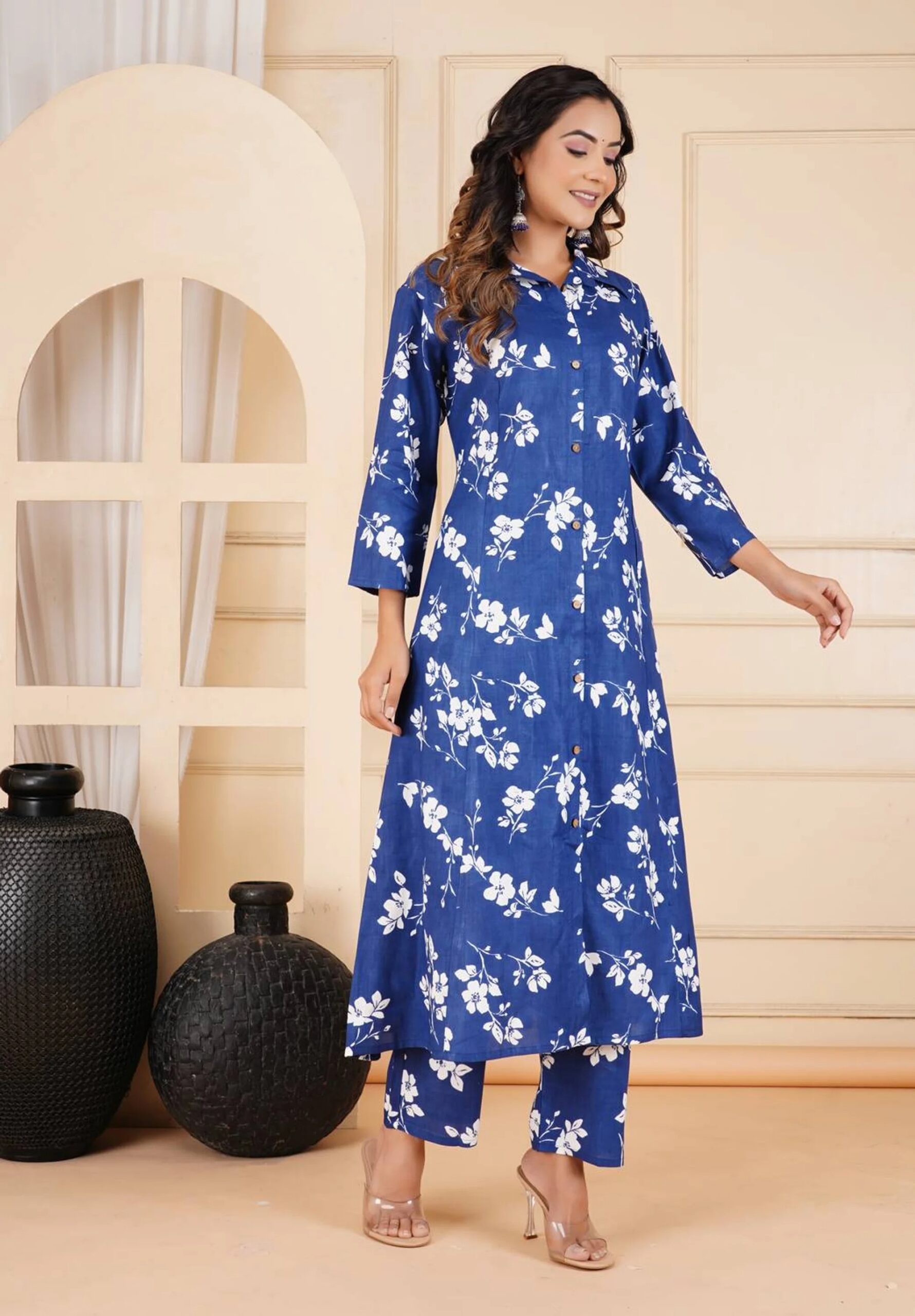Blue Floral Printed Co-Ord Set | Ethnic 2-Piece Shirt Collar A-Line Kurta with Straight Pants for Women - Image 2