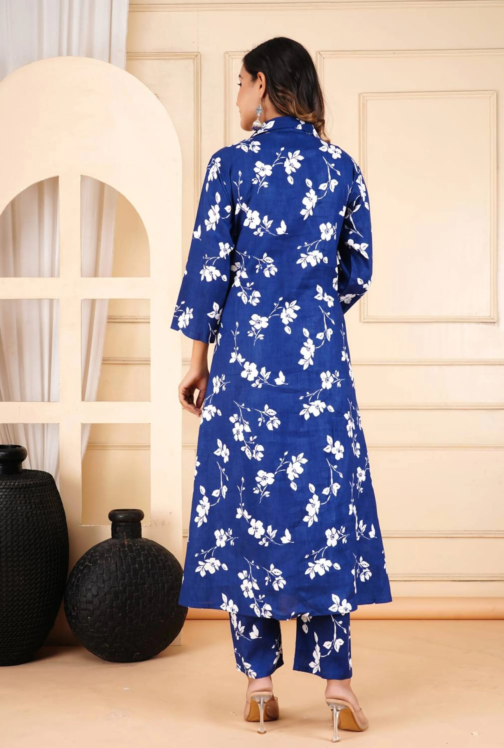Blue Floral Printed Co-Ord Set | Ethnic 2-Piece Shirt Collar A-Line Kurta with Straight Pants for Women - Image 5