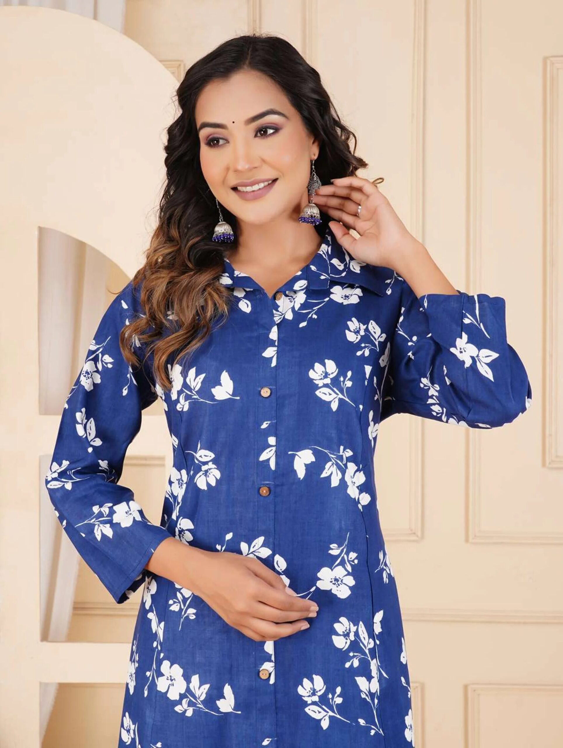 Blue Floral Printed Co-Ord Set | Ethnic 2-Piece Shirt Collar A-Line Kurta with Straight Pants for Women - Image 4